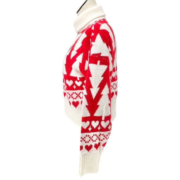 Jessica Simpson Half-Zip Turtleneck Sweater Red White Holiday Tree Heart Pattern - Picture 8 of 8